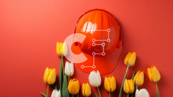 Intra Συλλεκτικό Ξύλινο Παζλ Plywood  4mm - Σκληρό καπέλο κατασκευής με κίτρινες τουλίπες σε κόκκινο φόντο Σε Ξύλινο Κουτί - Διαστάσεις Puzzle: 10x10 cm – 25 κομμάτια