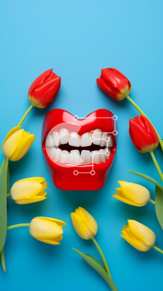 Intra Συλλεκτικό Ξύλινο Παζλ Plywood  4mm - Κόκκινο πλαστικό στόμα με τουλίπες σε μπλε φόντο Σε Ξύλινο Κουτί - Διαστάσεις Puzzle: 10x10 cm – 25 κομμάτια