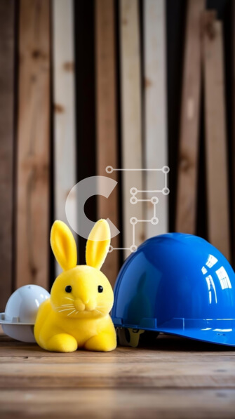 Intra Συλλεκτικό Ξύλινο Παζλ Plywood  4mm - Κίτρινο παιχνίδι λαγουδάκι και μπλε σκληρά καπέλα σε ξύλινο τραπέζι Σε Ξύλινο Κουτί - Διαστάσεις: 10x10 cm – 25 κομμάτια