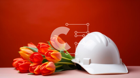 Intra Συλλεκτικό Ξύλινο Παζλ Plywood  4mm - Λευκό σκληρό καπέλο και πορτοκαλί τουλίπες σε πορτοκαλί φόντο Σε Ξύλινο Κουτί - Διαστάσεις: 10x10 cm – 25 κομμάτια