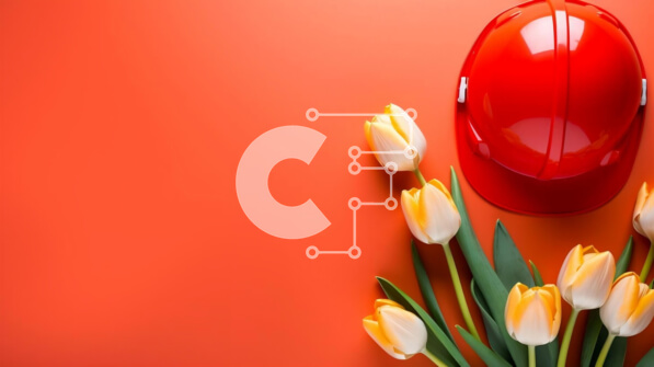 Intra Συλλεκτικό Ξύλινο Παζλ Plywood  4mm - Κόκκινο σκληρό καπέλο και λευκές τουλίπες σε πορτοκαλί φόντο Σε Ξύλινο Κουτί - Διαστάσεις: 10x10 cm – 25 κομμάτια