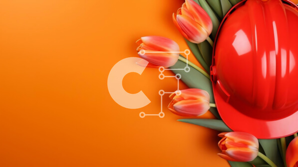 Intra Συλλεκτικό Ξύλινο Παζλ Plywood  4mm - Κόκκινο σκληρό καπέλο με τουλίπες σε πορτοκαλί φόντο Σε Ξύλινο Κουτί - Διαστάσεις Puzzle: 10x10 cm – 25 κομμάτια