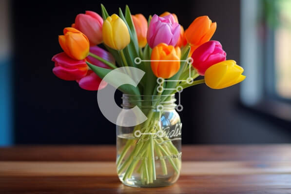 Intra Συλλεκτικό Ξύλινο Παζλ Plywood  4mm - Πολύχρωμες τουλίπες σε βάζο Mason σε ξύλινο τραπέζι Σε Ξύλινο Κουτί - Διαστάσεις: 10x10 cm – 25 κομμάτια