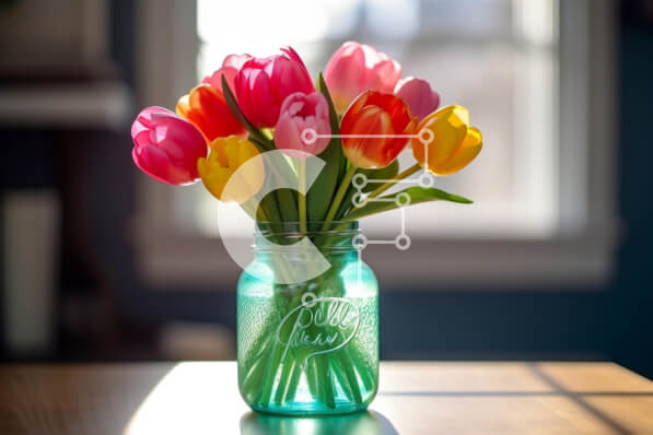 Intra Συλλεκτικό Ξύλινο Παζλ Plywood  4mm - Πολύχρωμες τουλίπες σε μπλε βάζο Mason σε ξύλινο τραπέζι Σε Ξύλινο Κουτί - Διαστάσεις: 10x10 cm – 25 κομμάτια