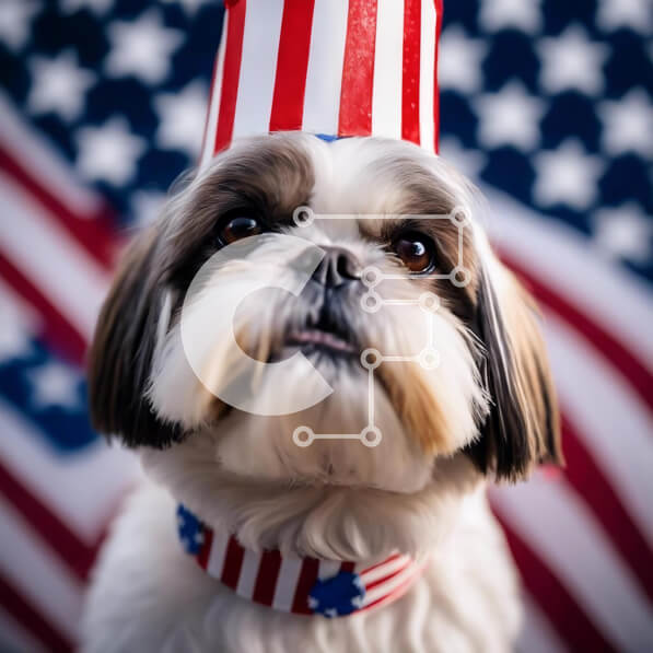 Intra Συλλεκτικό Ξύλινο Παζλ Plywood  4mm - Μικρό σκυλί που φορά καπέλο αμερικανικής σημαίας μπροστά από το φόντο της σημαίας Σε Ξύλινο Κουτί - Διαστάσεις: 10x10 cm – 25 κομμάτια