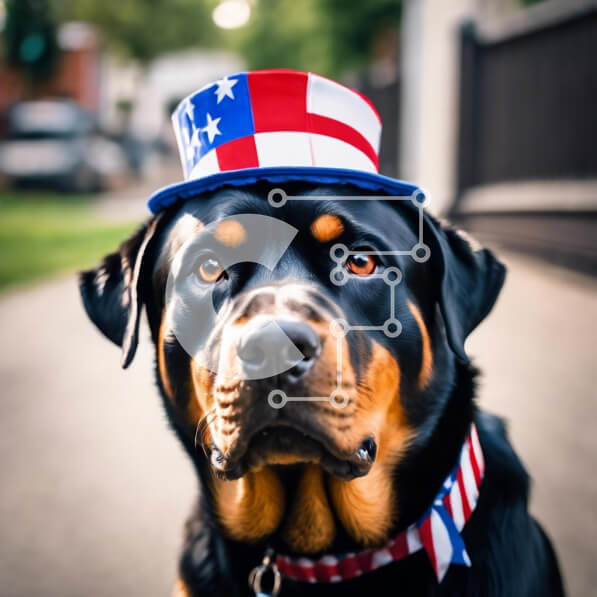 Intra Συλλεκτικό Ξύλινο Παζλ Plywood  4mm - Μαύρο και καφέ σκυλί ροτβάιλερ με καπέλο αμερικανικής σημαίας Σε Ξύλινο Κουτί - Διαστάσεις: 10x10 cm – 25 κομμάτια