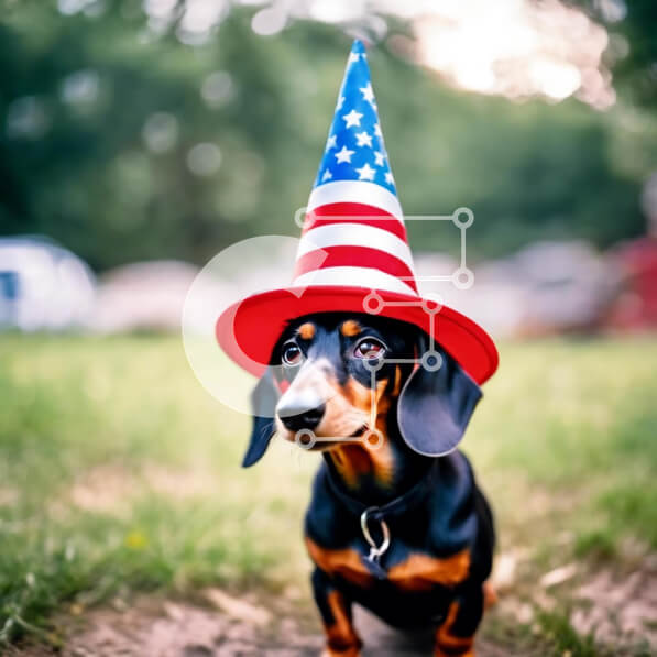 Intra Συλλεκτικό Ξύλινο Παζλ Plywood  4mm - Σκύλος Dachshund με καπέλο σε σχήμα αμερικανικής σημαίας Σε Ξύλινο Κουτί - Διαστάσεις: 10x10 cm – 25 κομμάτια