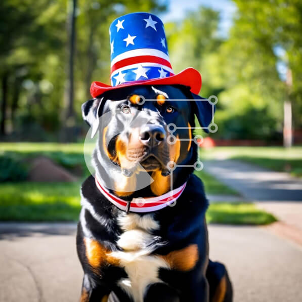 Intra Συλλεκτικό Ξύλινο Παζλ Plywood  4mm - Σκύλος με καπέλο με θέμα την αμερικανική σημαία κάθεται σε εξωτερικούς χώρους Σε Ξύλινο Κουτί - Διαστάσεις: 10x10 cm – 25 κομμάτια