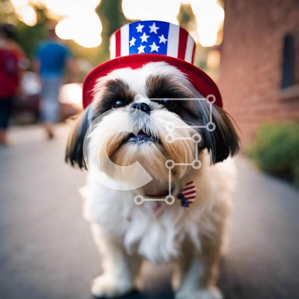 Intra Συλλεκτικό Ξύλινο Παζλ Plywood  4mm - Λευκό σκυλί με καπέλο αμερικανικής σημαίας στην οδό Σε Ξύλινο Κουτί - Διαστάσεις: 10x10 cm – 25 κομμάτια