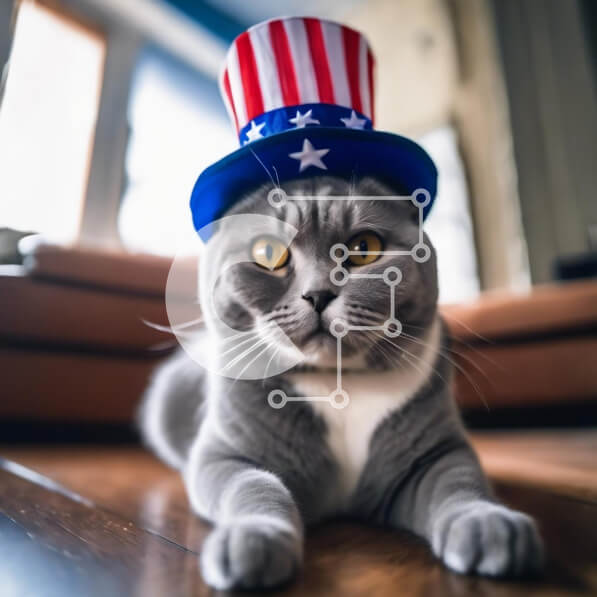 Intra Συλλεκτικό Ξύλινο Παζλ Plywood  4mm - Αξιολάτρευτη γκρίζα γάτα με καπέλο αμερικανικής σημαίας Σε Ξύλινο Κουτί - Διαστάσεις: 10x10 cm – 25 κομμάτια