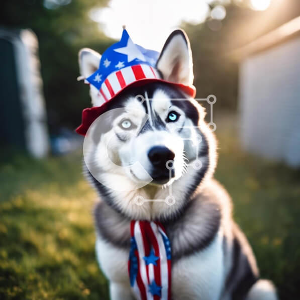 Intra Συλλεκτικό Ξύλινο Παζλ Plywood  4mm - Σκύλος Husky που γιορτάζει την 4η Ιουλίου με καπέλο με θέμα την αμερικανική σημαία Σε Ξύλινο Κουτί - Διαστάσεις: 10x10 cm – 25 κομμάτια