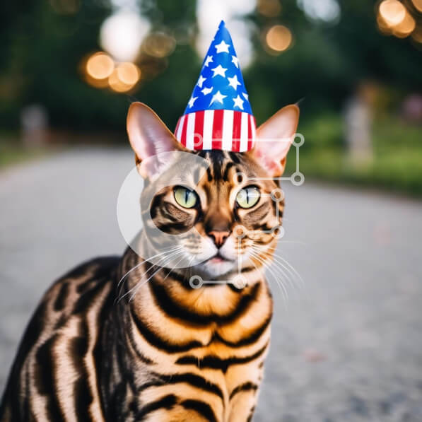 Intra Συλλεκτικό Ξύλινο Παζλ Plywood  4mm - Γάτα της Βεγγάλης με καπέλο για πάρτι με αμερικανική σημαία Σε Ξύλινο Κουτί - Διαστάσεις: 10x10 cm – 25 κομμάτια