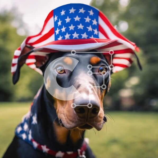 Intra Συλλεκτικό Ξύλινο Παζλ Plywood  4mm - Πατριωτικό σκυλί Ντόμπερμαν με καπέλο αμερικανικής σημαίας Σε Ξύλινο Κουτί - Διαστάσεις: 10x10 cm – 25 κομμάτια