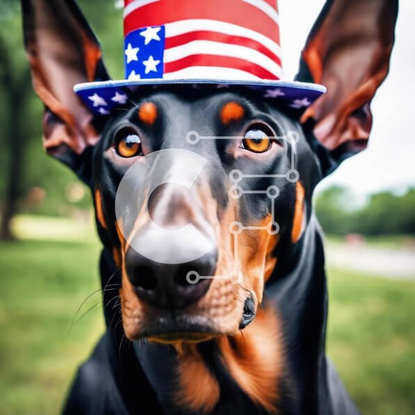 Intra Συλλεκτικό Ξύλινο Παζλ Plywood  4mm - Σκύλος Ντόμπερμαν με καπέλο αμερικανικής σημαίας που γιορτάζει την 4η Ιουλίου Σε Ξύλινο Κουτί - Διαστάσεις: 10x10 cm – 25 κομμάτια