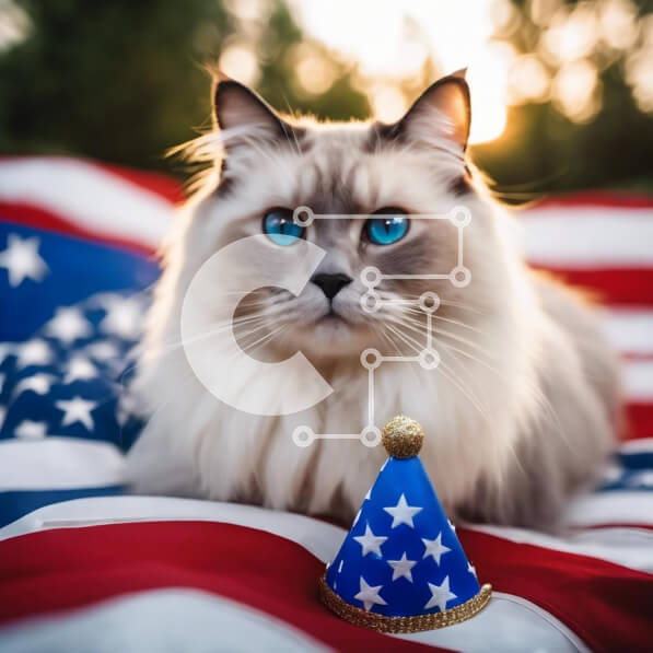 Intra Συλλεκτικό Ξύλινο Παζλ Plywood  4mm - Λευκή γάτα με μπλε μάτια σε αμερικανική σημαία με καπέλο πάρτι Σε Ξύλινο Κουτί - Διαστάσεις: 10x10 cm – 25 κομμάτια