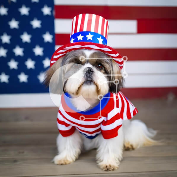 Intra Συλλεκτικό Ξύλινο Παζλ Plywood  4mm - Μικρό σκυλί με στολή με θέμα την αμερικανική σημαία μπροστά από το φόντο της αμερικανικής σημαίας Σε Ξύλινο Κουτί - Διαστάσεις: 10x10 cm – 25 κομμάτια