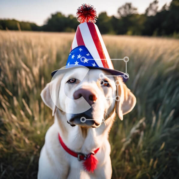 Intra Συλλεκτικό Ξύλινο Παζλ Plywood  4mm - Σκύλος με καπέλο για πάρτι με αμερικανική σημαία στο χορτάρι Σε Ξύλινο Κουτί - Διαστάσεις: 10x10 cm – 25 κομμάτια