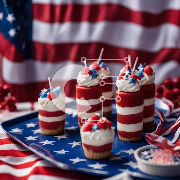 Σετ των 2 Intra Συλλεκτικό Ξύλινο Παζλ Plywood  4mm - Μίνι cheesecakes με κόκκινες, λευκές και μπλε διακοσμήσεις σε φόντο αμερικανικής σημαίας Σε Ξύλινο Κουτί - Διαστάσεις: 10x10 cm – 25 κομμάτια