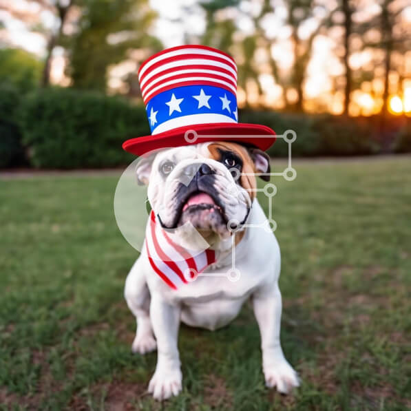 Intra Συλλεκτικό Ξύλινο Παζλ Plywood  4mm - Μπουλντόγκ που φορά καπέλο με θέμα την αμερικανική σημαία στην ύπαιθρο Σε Ξύλινο Κουτί - Διαστάσεις: 10x10 cm – 25 κομμάτια