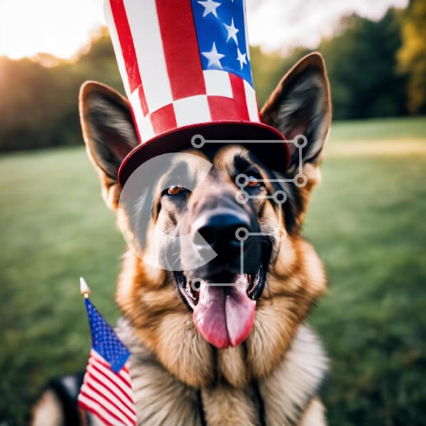 Intra Συλλεκτικό Ξύλινο Παζλ Plywood  4mm - German Shepherd Dog που γιορτάζει την 4η Ιουλίου με καπέλο αμερικανικής σημαίας Σε Ξύλινο Κουτί - Διαστάσεις: 10x10 cm – 25 κομμάτια