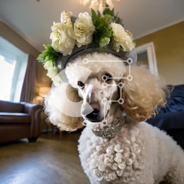 Intra Συλλεκτικό Ξύλινο Παζλ Plywood  4mm - Κομψό λευκό σκυλί κανίς με λουλουδάτο καπέλο που κάθεται στο σαλόνι Σε Ξύλινο Κουτί - Διαστάσεις: 10x10 cm – 25 κομμάτια