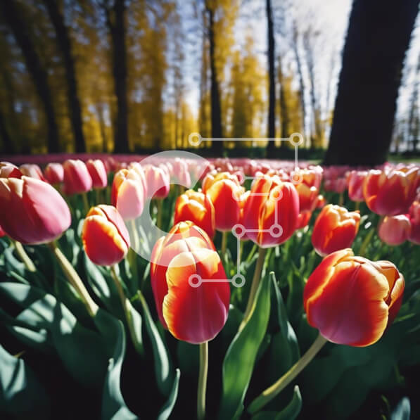 Intra Συλλεκτικό Ξύλινο Παζλ Plywood  4mm - Πεδίο με κόκκινες και κίτρινες τουλίπες με δέντρα Σε Ξύλινο Κουτί - Διαστάσεις: 10x10 cm – 25 κομμάτια