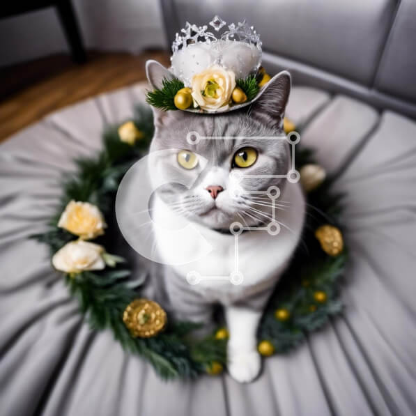 Intra Συλλεκτικό Ξύλινο Παζλ Plywood  4mm - Γκρι και άσπρη γάτα με καπέλο στέμμα σε ένα κρεβάτι με λουλούδια Σε Ξύλινο Κουτί - Διαστάσεις: 10x10 cm – 25 κομμάτια