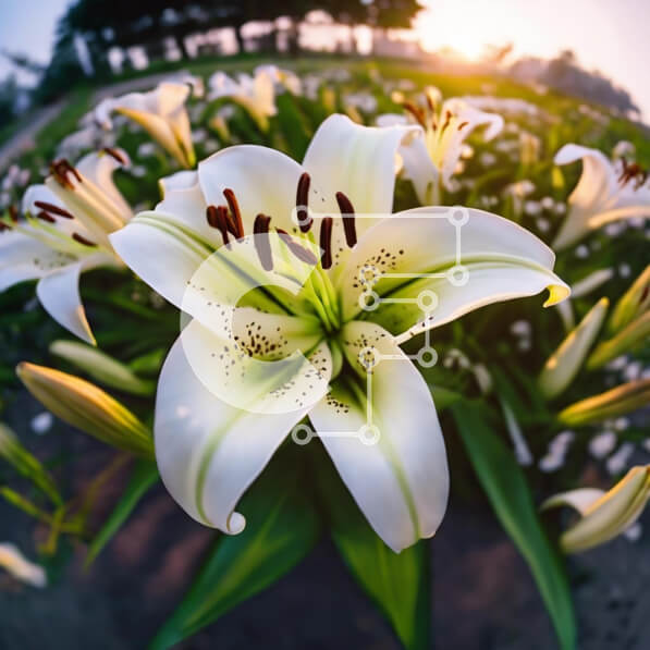 Intra Συλλεκτικό Ξύλινο Παζλ Plywood  4mm - Λευκός κρίνος σε ένα χωράφι με λουλούδια στο ηλιοβασίλεμα Σε Ξύλινο Κουτί - Διαστάσεις: 10x10 cm – 25 κομμάτια