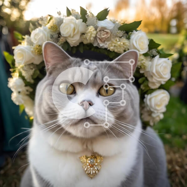 Intra Συλλεκτικό Ξύλινο Παζλ Plywood  4mm - Γκρι και άσπρη γάτα με στεφάνι λουλουδιών στο γρασίδι Σε Ξύλινο Κουτί - Διαστάσεις: 10x10 cm – 25 κομμάτια