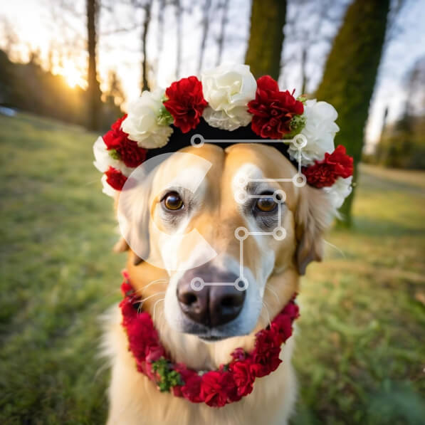 Intra Συλλεκτικό Ξύλινο Παζλ Plywood  4mm - Χρυσό σκυλί με κορώνα λουλουδιών σε εξωτερικό περιβάλλον Σε Ξύλινο Κουτί - Διαστάσεις: 10x10 cm – 25 κομμάτια