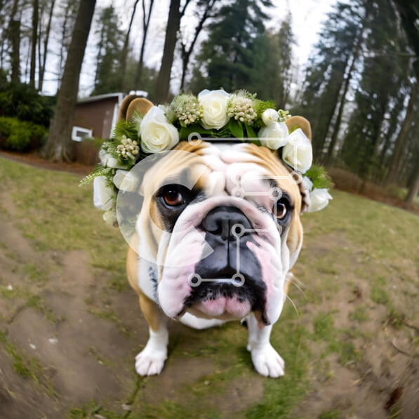 Intra Συλλεκτικό Ξύλινο Παζλ Plywood  4mm - Μπουλντόγκ με Σύνθεση λουλουδιών στο κεφάλι σε χορταριασμένη περιοχή Σε Ξύλινο Κουτί - Διαστάσεις: 10x10 cm – 25 κομμάτια