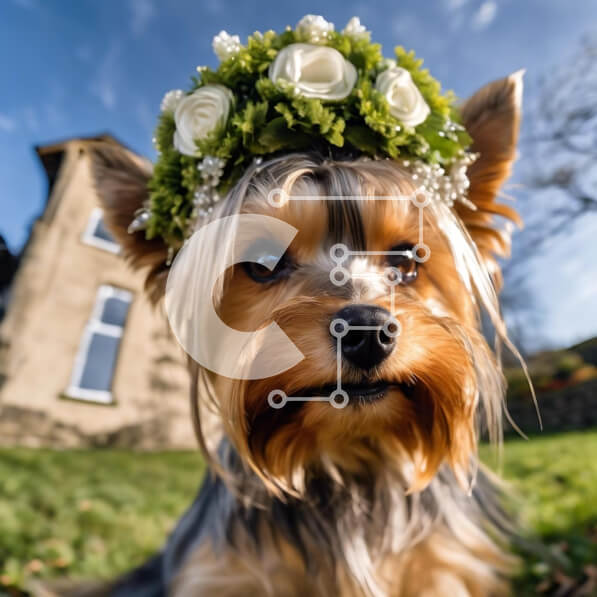 Intra Συλλεκτικό Ξύλινο Παζλ Plywood  4mm - Αξιολάτρευτο σκυλί με κορώνα λουλουδιών μπροστά από το Vintage House Σε Ξύλινο Κουτί - Διαστάσεις: 10x10 cm – 25 κομμάτια