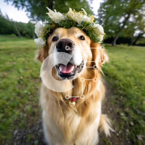 Intra Συλλεκτικό Ξύλινο Παζλ Plywood  4mm - Ευτυχισμένος σκύλος Γκόλντεν Ριτρίβερ με λουλούδια στο κεφάλι Σε Ξύλινο Κουτί - Διαστάσεις: 10x10 cm – 25 κομμάτια