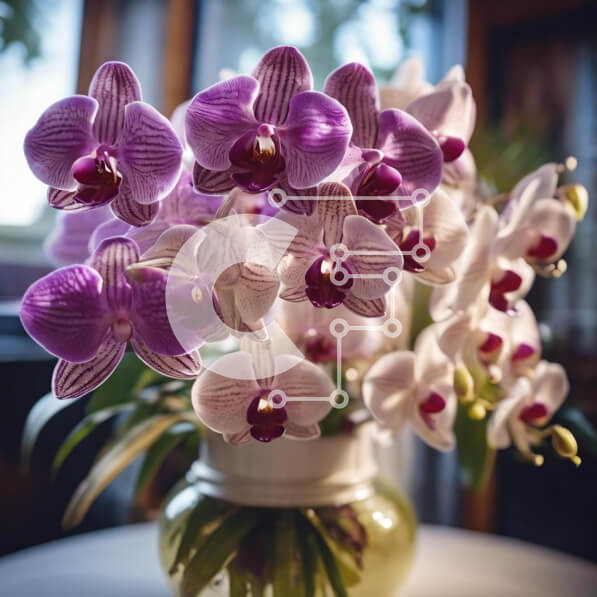 Intra Συλλεκτικό Ξύλινο Παζλ Plywood  4mm - Μωβ και λευκές ορχιδέες σε γυάλινο βάζο από ανοιχτό παράθυρο Σε Ξύλινο Κουτί - Διαστάσεις: 10x10 cm – 25 κομμάτια