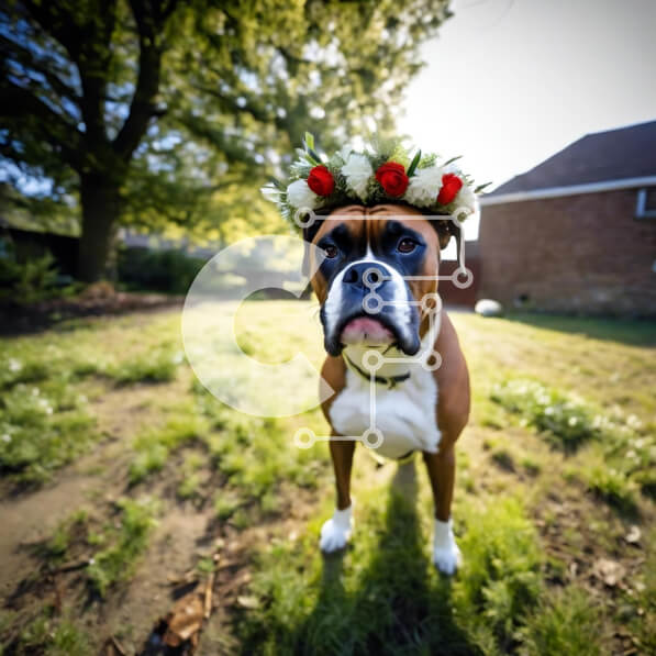 Intra Συλλεκτικό Ξύλινο Παζλ Plywood  4mm - Σκύλος μπόξερ με λουλουδάτη σύνθεση σε χορταριασμένο χωράφι Σε Ξύλινο Κουτί - Διαστάσεις: 10x10 cm – 25 κομμάτια