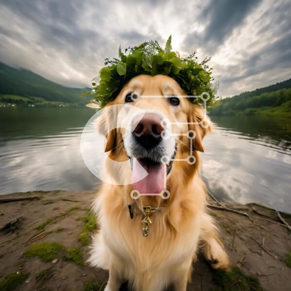 Intra Συλλεκτικό Ξύλινο Παζλ Plywood  4mm - Σκύλος Golden Retriever με διακοσμητικό στεφάνι δίπλα στη λίμνη Σε Ξύλινο Κουτί - Διαστάσεις: 10x10 cm – 25 κομμάτια