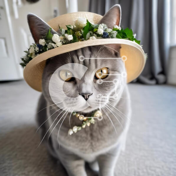 Intra Συλλεκτικό Ξύλινο Παζλ Plywood  4mm - Γκρίζα γάτα που φορά ένα ψάθινο καπέλο με λουλούδια Σε Ξύλινο Κουτί - Διαστάσεις: 10x10 cm – 25 κομμάτια