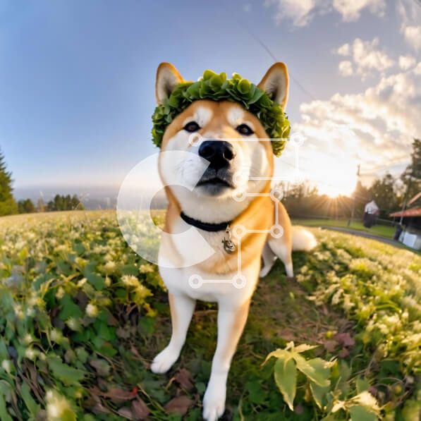 Intra Συλλεκτικό Ξύλινο Παζλ Plywood  4mm - Σκύλος με διακοσμητικό στεφάνι στο κεφάλι σε πράσινο εξωτερικό περιβάλλον Σε Ξύλινο Κουτί - Διαστάσεις: 10x10 cm – 25 κομμάτια