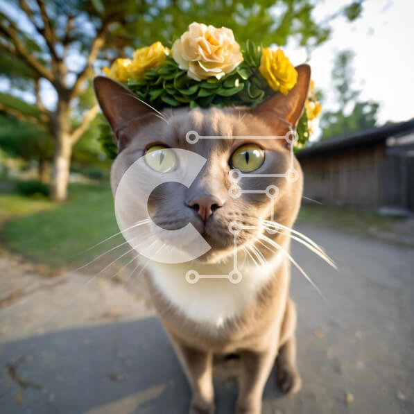 Intra Συλλεκτικό Ξύλινο Παζλ Plywood  4mm - Γκρίζα γάτα που φορά λουλούδια στο κεφάλι της στη μέση του δρόμου Σε Ξύλινο Κουτί - Διαστάσεις: 10x10 cm – 25 κομμάτια