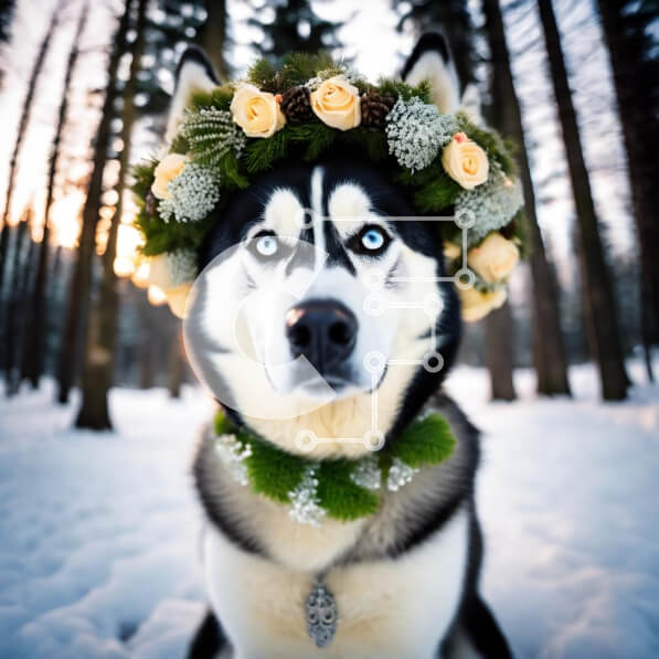 Intra Συλλεκτικό Ξύλινο Παζλ Plywood  4mm - Σκυλί γεροδεμένος με λουλούδια στο χιονισμένο δάσος Σε Ξύλινο Κουτί - Διαστάσεις: 10x10 cm – 25 κομμάτια