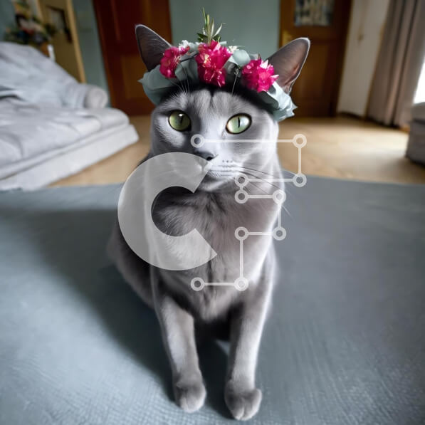 Intra Συλλεκτικό Ξύλινο Παζλ Plywood  4mm - Γκρίζα γάτα που φοράει κορώνα λουλουδιών που κάθεται στο χαλί Σε Ξύλινο Κουτί - Διαστάσεις: 10x10 cm – 25 κομμάτια