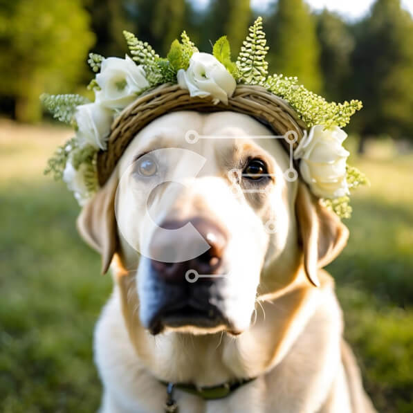 Intra Συλλεκτικό Ξύλινο Παζλ Plywood  4mm - Σκύλος Λαμπραντόρ με floral στέμμα σε γρασίδι Σε Ξύλινο Κουτί - Διαστάσεις: 10x10 cm – 25 κομμάτια