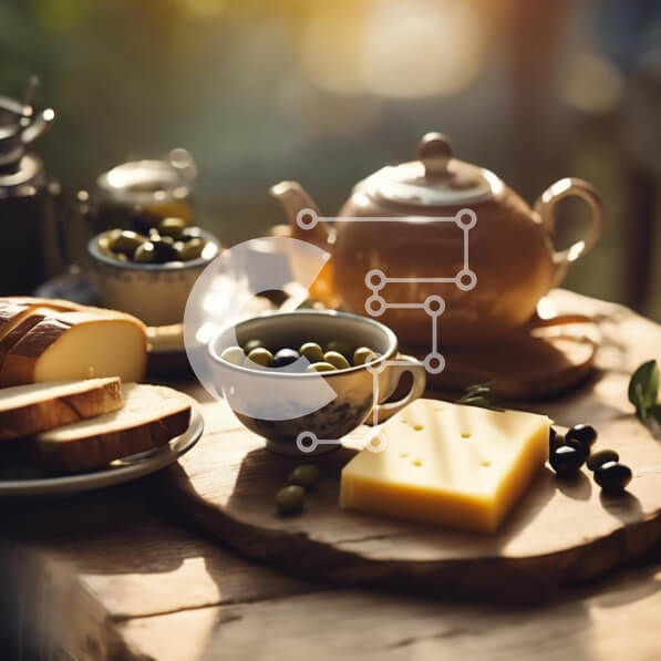 Σετ των 2 Intra Συλλεκτικό Ξύλινο Παζλ Plywood  4mm - Ξύλινο τραπέζι με ψωμί, ελιές, τσάι και τυρί Σε Ξύλινο Κουτί - Διαστάσεις: 10x10 cm – 25 κομμάτια