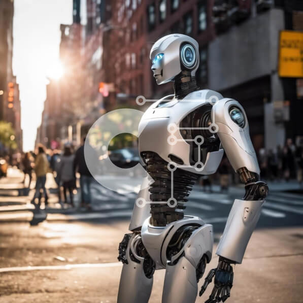 Intra Συλλεκτικό Ξύλινο Παζλ Plywood  4mm - Ρομπότ που στέκεται στον αστικό δρόμο της πόλης έτοιμο να αλληλεπιδράσει με ανθρώπους ή άλλα ρομπότ Σε Ξύλινο Κουτί - Διαστάσεις Puzzle: 10x10 cm – 25 κομμάτια