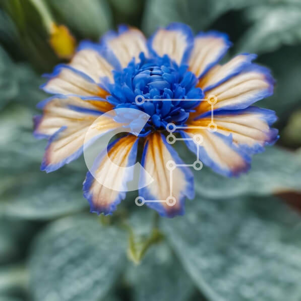 Intra Συλλεκτικό Ξύλινο Παζλ Plywood  4mm - Μπλε και πορτοκαλί διακοσμητικό λουλούδι με πράσινα φύλλα Σε Ξύλινο Κουτί - Διαστάσεις: 10x10 cm – 25 κομμάτια