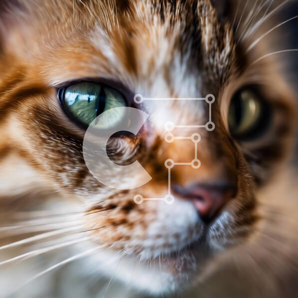 Intra Συλλεκτικό Ξύλινο Παζλ Plywood  4mm - Καφέ και πορτοκαλί γάτα με πράσινα μάτια που κοιτάζουν την κάμερα Σε Ξύλινο Κουτί - Διαστάσεις: 10x10 cm – 25 κομμάτια