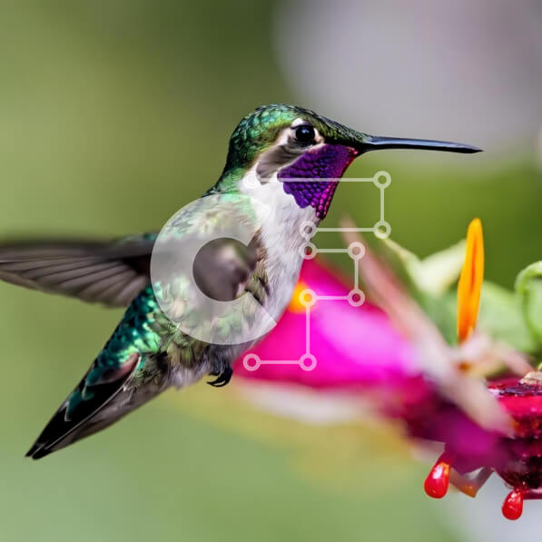 Intra Συλλεκτικό Ξύλινο Παζλ Plywood  4mm - Πράσινο και μωβ κολίβριο που τρέφονται με λουλούδι Σε Ξύλινο Κουτί - Διαστάσεις: 10x10 cm – 25 κομμάτια