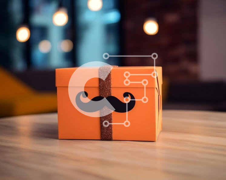 Intra Συλλεκτικό Ξύλινο Παζλ Plywood  4mm - Πορτοκαλί κουτί δώρου με σχέδιο μουστάκι σε ξύλινο τραπέζι Σε Ξύλινο Κουτί - Διαστάσεις: 10x10 cm – 25 κομμάτια