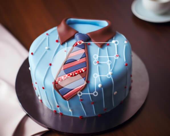 Intra Συλλεκτικό Ξύλινο Παζλ Plywood  4mm - Μπλε κέικ με διακοσμητική γραβάτα και φλιτζάνι καφέ στο τραπέζι Σε Ξύλινο Κουτί - Διαστάσεις: 10x10 cm – 25 κομμάτια