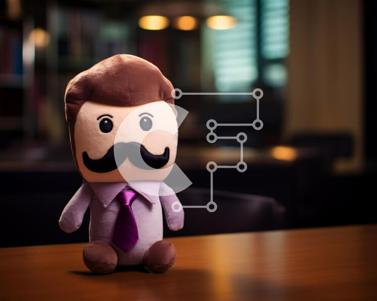 Intra Συλλεκτικό Ξύλινο Παζλ Plywood  4mm - Γεμιστό παιχνίδι άνθρωπος με μουστάκι και μωβ γραβάτα στο τραπέζι Σε Ξύλινο Κουτί - Διαστάσεις: 10x10 cm – 25 κομμάτια